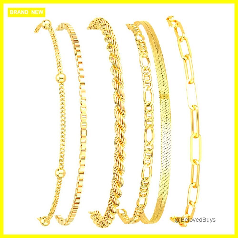 14K Gold Plated Stackable Bracelets Set, 6.5" Adjustable Length, Waterproof